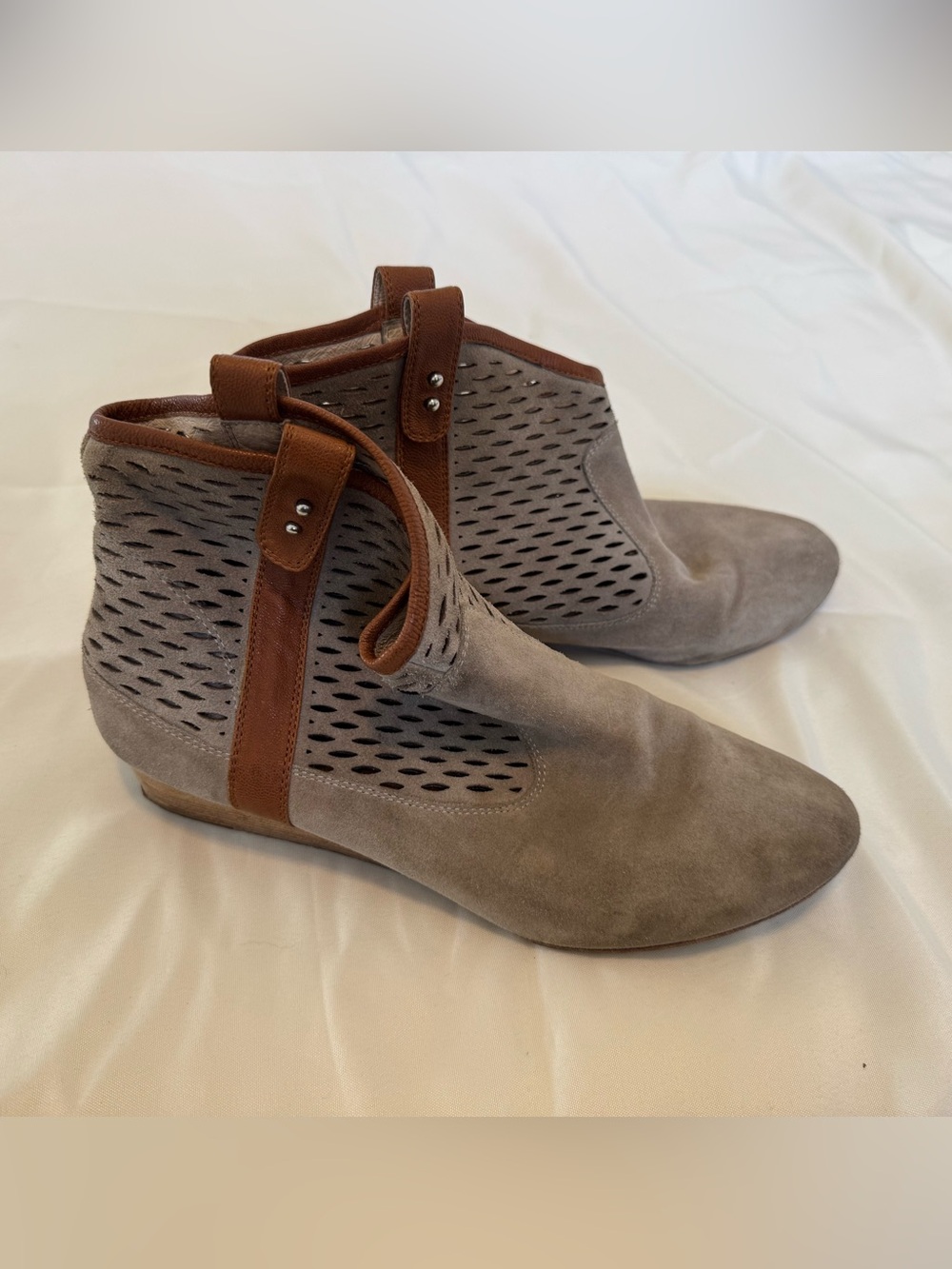 Matt Bernson Gray Suede Perforated Ankle Boots with Brown Trim